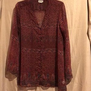 Long sleeved sheer tunic in burgundy paisley print